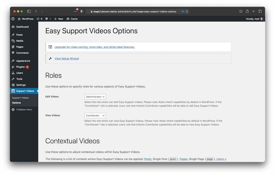 Easy Support Videos Options Page top-half